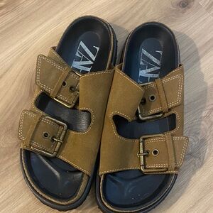 Zara Tan Double Buckle Sandals